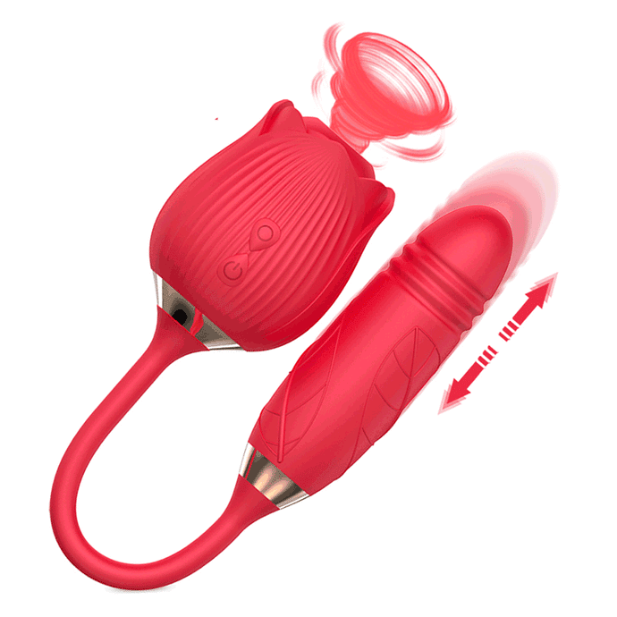 10-Speed Red Color Silicone Clitoral Sucking Rose with Thrusting Vibra XTRAXCCESSORIES 10-Speed Red Color Silicone Clitoral Sucking Rose with Thrusting Vibra XTRAXCCESSORIES